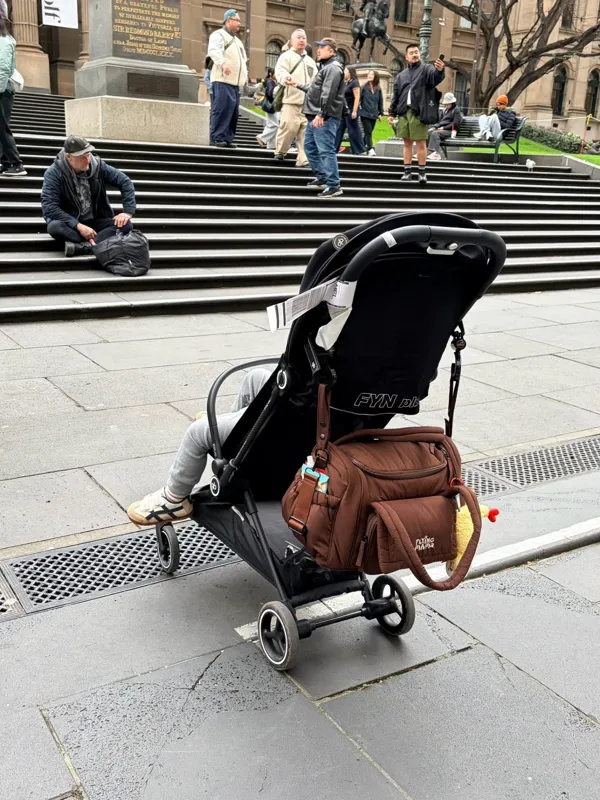 Midnight Brownie bag on a stroller in Melbourne