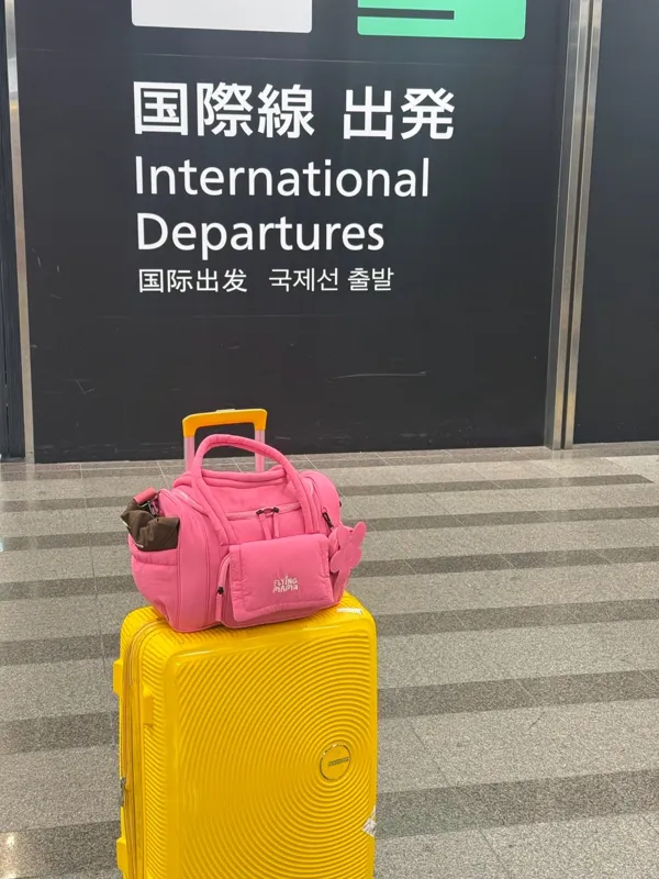 Raspberry Jam bag on a suitcase at the airport